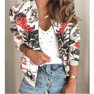 Imagem de Jaqueta Bomber Feminina Com Estampa Floral E Zíper, Ajuste Slim Para P