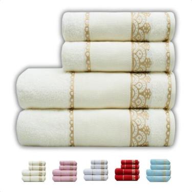 Imagem de Jogo 4 Peças Toalhas de Banho e Rosto Grande Macia Barra Bordar Pintar