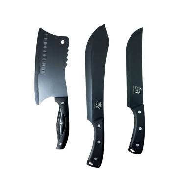 Imagem de Kit Facas Churrasco Profissional Caça 3 Peças Lâmina Black Inox Premium