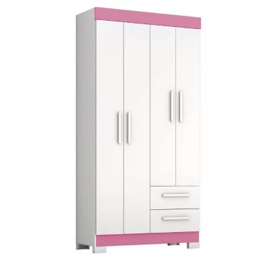 Imagem de Guarda Roupa Solteiro Juvenil Malta 4 Portas de Bater 2 Gavetas MDP Branco - Rosa