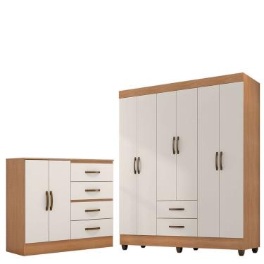 Imagem de Kit Guarda Roupa Casal Lisa 6 Portas de Bater 4 Gavetas com Cômoda Sapateira em MDP Nat...