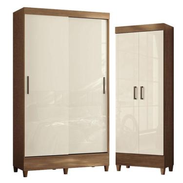 Imagem de Guarda Roupa Solteiro 2 Portas De Correr Fit Com Armário Multiuso Fit Jequitibá Off White Acetinado - Santos Andirá