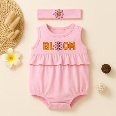 Imagem de Macacão Bebê Menina Verão Curto Algodão Estampado com Babados + Tiara 