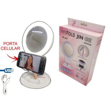 Imagem de Espelho Luz Led Dobrável Aumenta 10x maquiagem Porta Celular - MyFold 