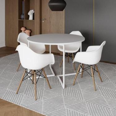 Imagem de Mesa Jantar Industrial Branca 110Cm Redonda Base V Ferro Branco Com 4 
