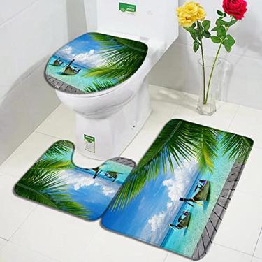 Imagem de Conjuntos de tapetes de banho de praia de folhas de palmeiras oceano mar onda paisagem natureza tapetes de porta tapetes de banheiro decoração antiderrapante tapete de tampa de vaso sanitário, 2614zy, conjunto de 3 peças, 75x45cm, 29,5x17,7in