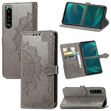 Imagem de HONGYAN Capa de telefone Para Sony Xperia 5 III Mandala Flor em relevo estojo de couro flip horizontal com suporte/cartão/carteira/cordão Capa protetora