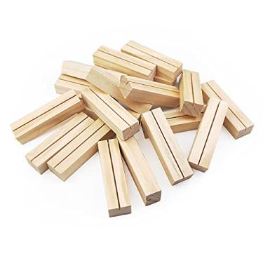 Imagem de HZLHZYY Pacote com 20 suportes de placa de madeira suporte de bloco de madeira suporte de menu de madeira suporte de foto suporte de cartão suporte de exibição de mesa de fotos pequeno base de madeira suportes de número de mesa