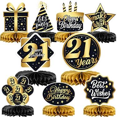 Imagem de Decorações de favo de mel de 21 anos - 9 peças | Centros de Centros de favo de mel de 21 anos para decorações de mesa de aniversário | Cheers to 21 anos de colmeia | 21 decorações de aniversário para ele