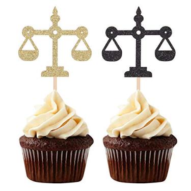 Imagem de Toppers de cupcake Black and Gold Scale of Justice para decoração de festa de formatura escolar de lei - Conjunto de 24