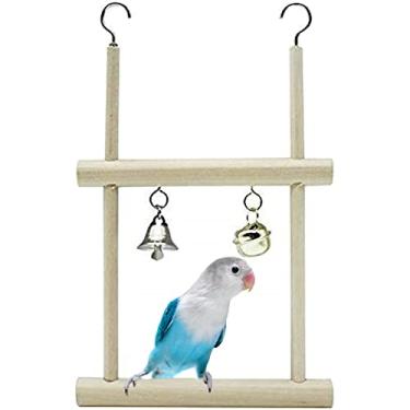 Imagem de Brinquedos de pendurar para animais de estimação de papagaio da Litewood com pênis de pássaro de madeira natural, plataforma de suporte para ninho com sinos para Finch Parakeet Budgie acessórios de gaiola de atividade cinza africano