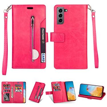 Imagem de Capa para Samsung Galaxy S21 Plus, carteira de couro PU Folio Flip Case Bolso com Zíper Slots para Cartão Fecho Magnético Capa Protetora à Prova de Choque com Alça de Pulso para Samsung Galaxy S21 Plus (Rosa Vermelho)