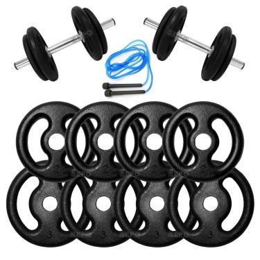 Imagem de Kit 20Kg em Anilhas de Ferro com 2 Barras 40cm e Corda-Unissex
