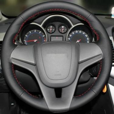 Imagem de LAVIYE Capa do volante do carro de couro artificial preto, para Chevrolet Cruze Aveo especial mão-costurado Steering Covers