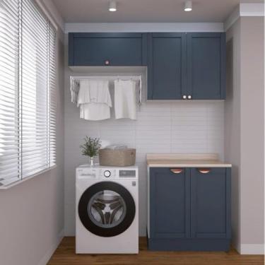 Imagem de Lavanderia Modulada 3 Peças 2 Armários Aéreos 1 Balcão 2 Portas Cabecasa Madeiramadeira Azul/branco