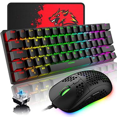Imagem de Combo de teclado para jogos com fio, teclado mecânico retroiluminado RGB cromado com 61 teclas, teclas flutuantes, placa de metal tipo C, mouse para jogos RGB 6400 DPI para jogadores de PC