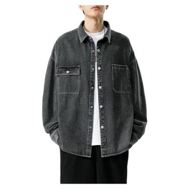Imagem de Camisa jeans masculina, manga comprida, bolsos frontais, caimento solto, cor lisa, ombro caído, Preto, 3G