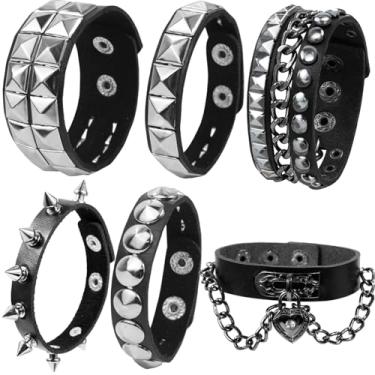 Imagem de LAPOHI 6 pulseiras de couro para homens e mulheres punk gótico rock spiked anos 80 material legal acessórios cravejados de metal preto pulseira para festa cosplay boate presente sexy Halloween