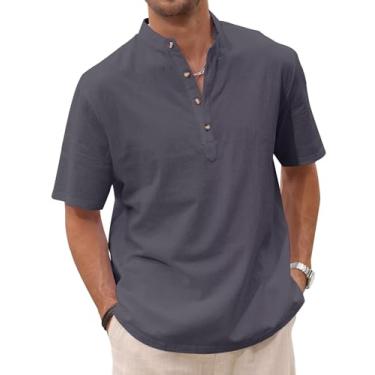 Imagem de Uni Clau Camisa masculina casual Henley verão praia algodão linho manga curta Henley camisa hippie, Cinza, M