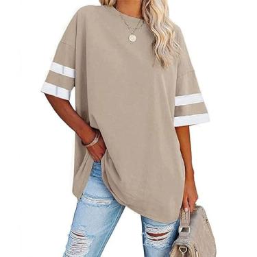 Imagem de Camiseta feminina de verão casual de algodão manga curta gola redonda solta camisetas básicas 2024 roupas modernas, Listras bege, M