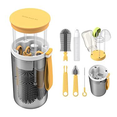 Imagem de TechoEcho Conjunto de escova de mamadeira para viagem com escova extensível de silicone líquido, escova de mamilo, suporte de secagem de mamadeira embutido, escova de limpeza de canudo, dispensador de sabonete de mamadeira, aquecedor de mamadeira (amarelo)