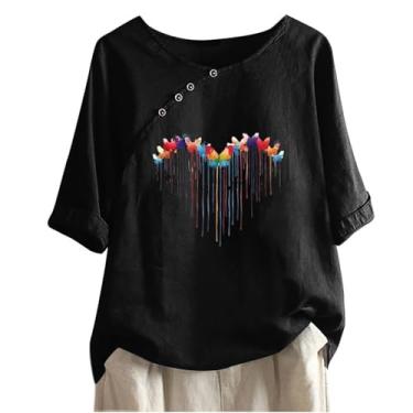 Imagem de Camiseta feminina de verão, meia manga, gola V, botão lateral, ajuste floral, estampada, casual, camiseta feminina média, Preto, G