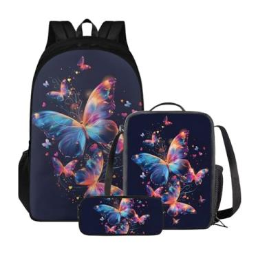 Imagem de Suobstales Conjunto de mochila escolar com estampa de borboleta, compartimentos duplos, mochila casual para o dia a dia, lancheira isolada, estojo de lápis, 3 peças para crianças adolescentes