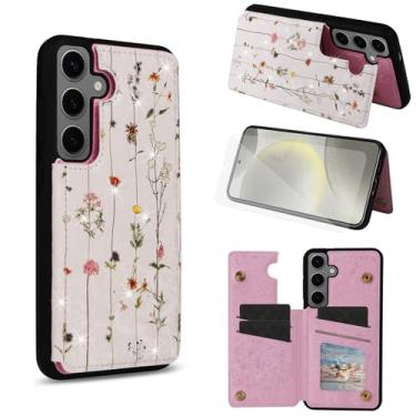 Imagem de Asuwish Capa de celular para Samsung Galaxy S24 Plus S24+ 5G Capa carteira celular com protetor de tela de vidro temperado de luxo com compartimento para cartão de flores S24plus 24S + S 24 24+