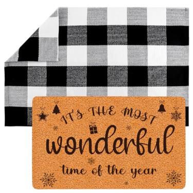 Imagem de XEFINAL 2 peças de tapete de porta de Natal decorativo de Natal preto e branco tapete xadrez de búfalo de Natal imitação de fibra de coco capacho de boas-vindas para decorações de porta da frente