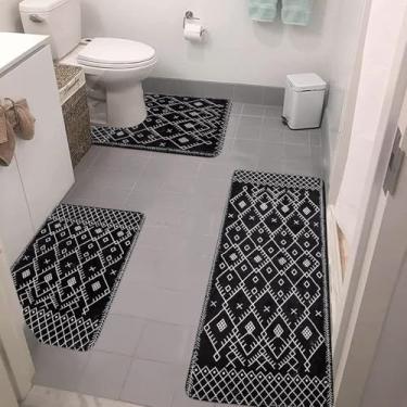 Imagem de Uphome Conjunto de tapetes de banheiro 3 peças boho corredor de banheiro com tapete de banheiro em forma de U antiderrapante marroquino casa de fazenda preto tapete de banho macio lavável na máquina