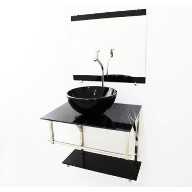 Imagem de Kit gabinete banheiro 60cm iq inox com cuba redonda  mármore preto + t