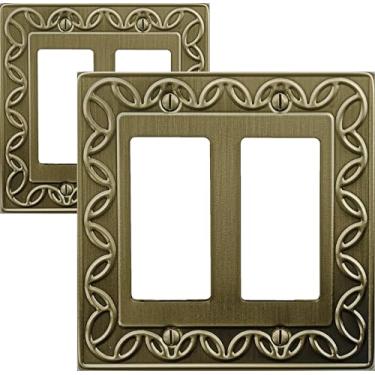 Imagem de OKAWYC Placa de cobertura de interruptor de luz decoradora dupla, pacote com 2 placas de metal NovaBloom de latão antigo, 2 balancim único, interruptor regulador de intensidade de luz GFCI, placa de