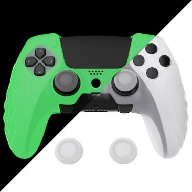 Imagem de PlayVital Capa de silicone ergonômica antiderrapante Guardian Edition que brilha no escuro para controle de borda ps5, película protetora de borracha macia para controle sem fio ps5 Edge com tampas de aperto de polegar - verde