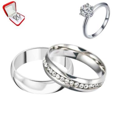 Imagem de Par Alianças Prata 6mm Cravejado Pedras Brancas + Anel Solitário Prata