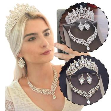 Imagem de Kit Coroa Colar e Brinco Luxo Debutante Miss Festa Noiva - LM, Prata