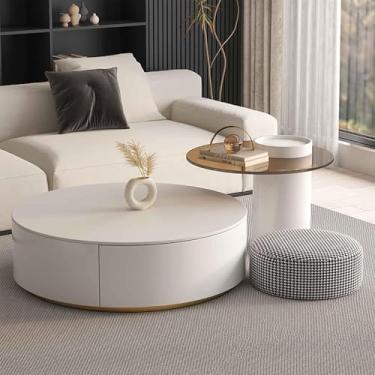 Imagem de Mesa de centro redonda com painel de rocha, conjunto de 2 mesas centrais modernas, fácil montagem, exibição minimalista, combinação de mesa de chá, móveis domésticos para sala de estar, B