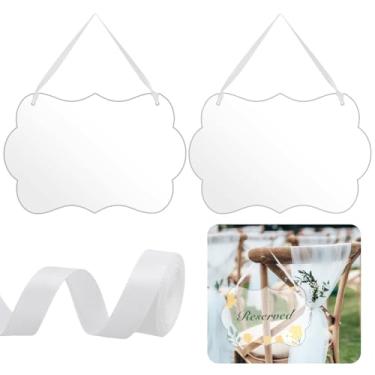 Imagem de AHANDMAKER Placa de pendurar acrílica, 2 peças, placas retangulares reservadas para cadeiras de casamento, placas de assento reservadas com fitas, placas de comida, placas de boas-vindas para