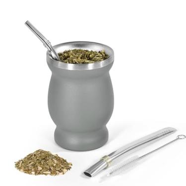 Imagem de AGH Xícara de erva mate 227 g, cabaça de erva mate e conjunto de canudo de bombilla, xícara de chá isolada a vácuo de parede dupla de aço inoxidável (cinza)