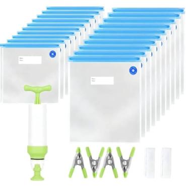 Imagem de HARMONY PALACE Kit de 20 sacos de vedação a vácuo reutilizáveis Sous Vide sem BPA sacos de plástico 10 m + 10 L clipes de vedação de bomba manual para armazenamento de alimentos e cozimento sous vide