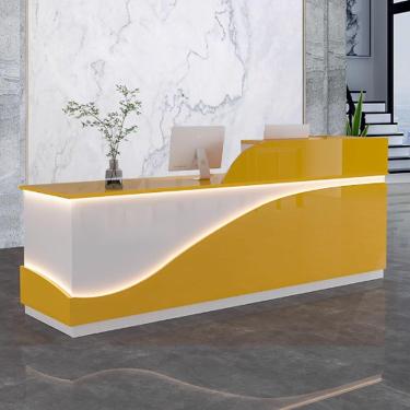 Imagem de Moderno de recepção para escritório, balcão de recepção, recepção da recepção da recepção, balcão de madeira engenharia de madeira com tiras leves para salões de beleza, amarelo+branco, 120c