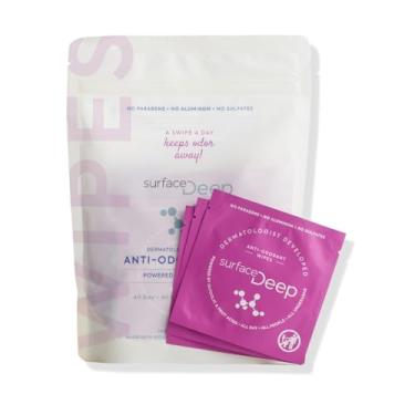 Imagem de Surface Deep • Almofadas antiodores • Desodorante desenvolvido por dermatologistas, limpo, alimentado por glicólico, inovador para mulheres e homens • Vegano • Livre de crueldade • Biodegradável • Caixa com 30