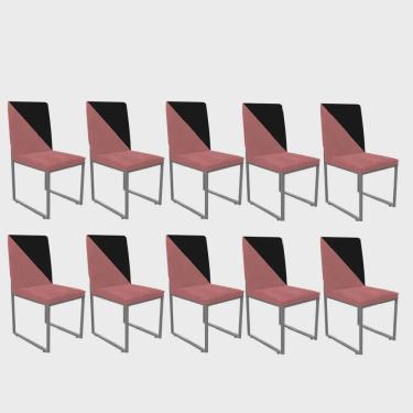 Imagem de Kit 10 Cadeira Office Stan Duo Sala de Jantar Industrial Ferro Cinza Suede Rose e Preto - Ahz Móveis