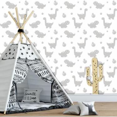 Imagem de Papel De Parede Baby Dinossauros Cinza E Branco - Inove Papéis de Pare