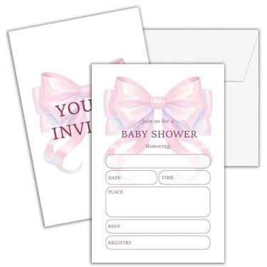 Imagem de Convites de chá de bebê Cashes para menina, 25 convites de chá de bebê com laço rosa dupla face, decorações de festa com laço elegante - D10