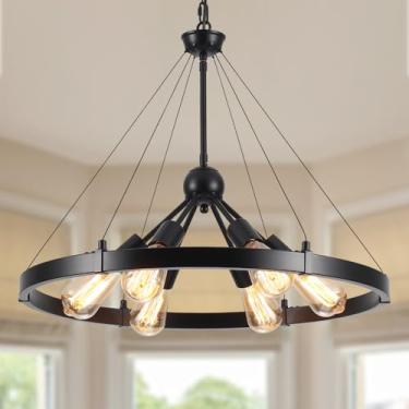 Imagem de JLBTQ Lustres De Fazenda Pretos, Lustre De Roda De Carroça Com 6 Luzes Para Sala De Jantar, Luminárias Suspensas Rústicas Sobre A Mesa, Luminárias Pendentes Industriais Para Sala De Estar, Quarto, C
