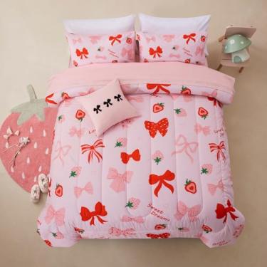 Imagem de A Nice Night Conjunto de edredom com laço vermelho, 6 peças para cama em uma bolsa, conjunto de cama combinando com laço de fita, estampa de morango, rosa claro para meninas, casal