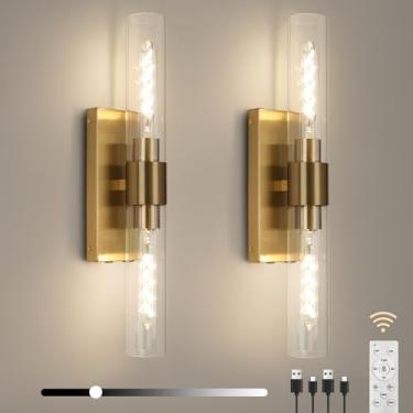 Imagem de EIDEARAY Conjunto De Dois Arandelas De Parede De Latão, Arandela Operada Por Bateria, Luminária De Parede Dourada Com Controles Remotos, Arandelas De Cabeceira Internas Sem Fio, Luminária De Pentea