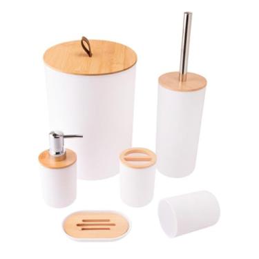 Imagem de Kit Banheiro Conjunto 6/4 / 2 Peças Completo Lixeira Tampa Basculante Bambu Lavabo Escova Sanitária (6 Peças Branco)