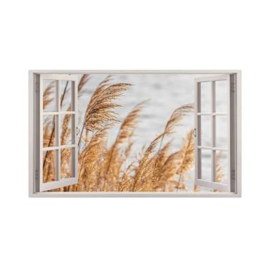 Imagem de Impressão lona janela falsa-Praia grama seca-Imagem arte parede paisagem-Pintura moderna para banheiro decoração 30x50cm12x20in Sem Moldura