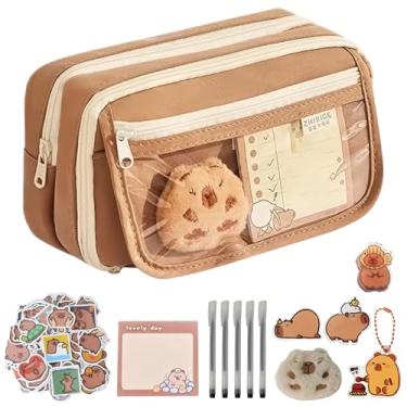 Imagem de Domigard Estojo De Lápis Fofo Capivara, Grande Capacidade Com Alfinetes, Artigos Papelaria Pelúcia, Adesivos, Caneta, Para Material Escolar, Presentes (Marrom)